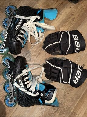 Bauer Blue and Black Kids Hockey rollerblades and Gloves